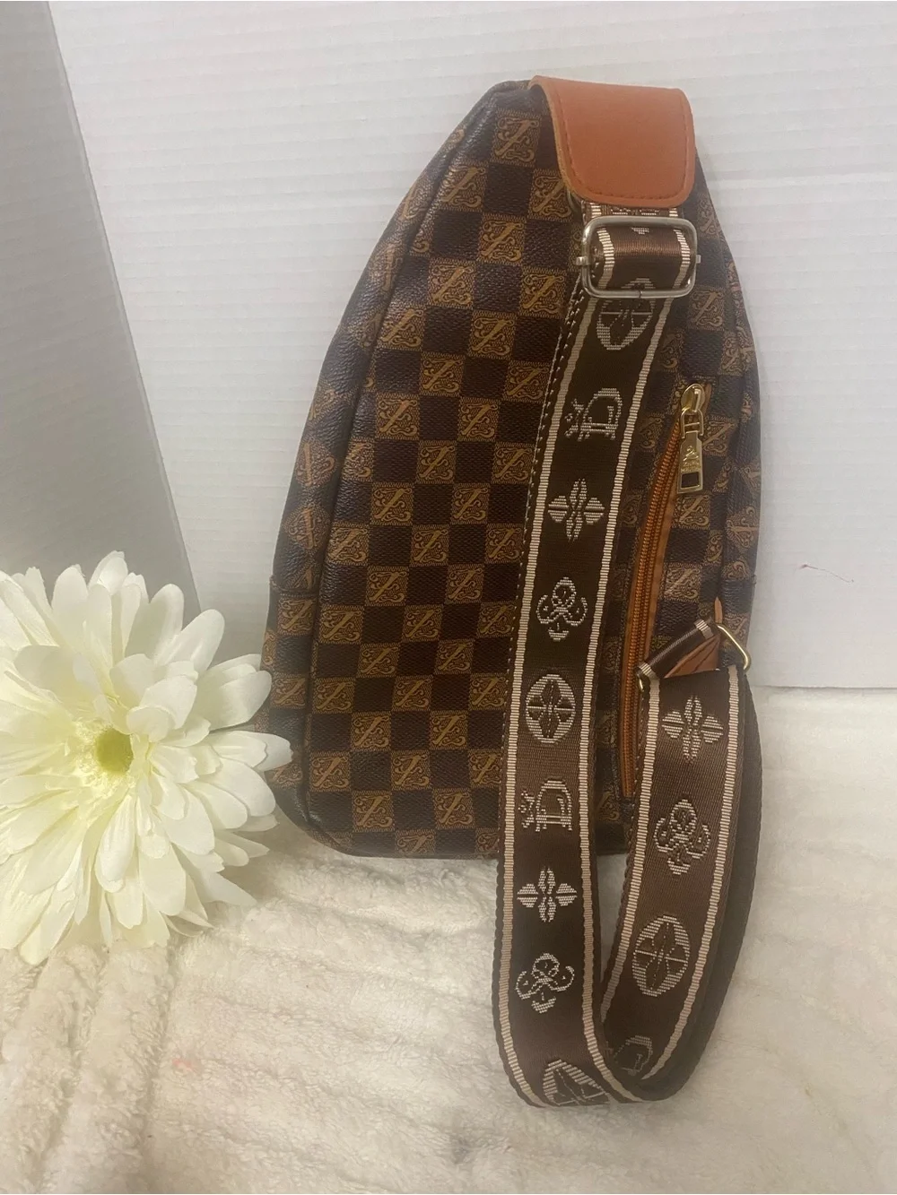 Brown Checkered Mini SlingBack Bag with Gold Hardware Multiple Compartments